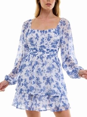 Trixxi Floral Print Blue and White Chiffon Dress